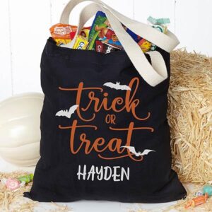 Personalization Universe Trick or Treat Personalized Halloween Treat Bag for Kids - 100% Cotton Halloween Tote Bag - Perfect for Trick or Treating, Halloween Candy, Toy - Machine Washable, 13"W x 14"H