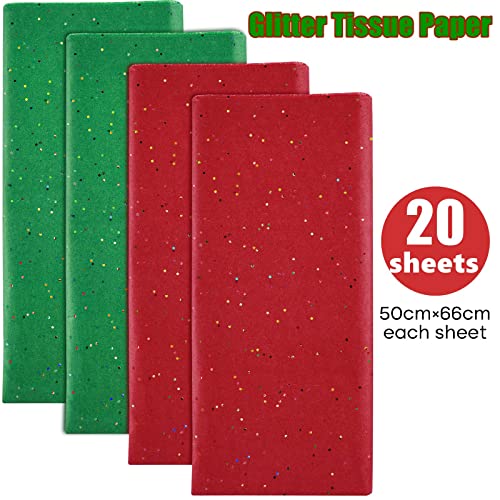 NEBURORA Glitter Tissue Paper for Packaging 50x66cm Green Red Tissue Paper for Christmas Gift Wrapping Bouquet Packaging Craft Paper for Christmas Party Supplies 20 Sheets