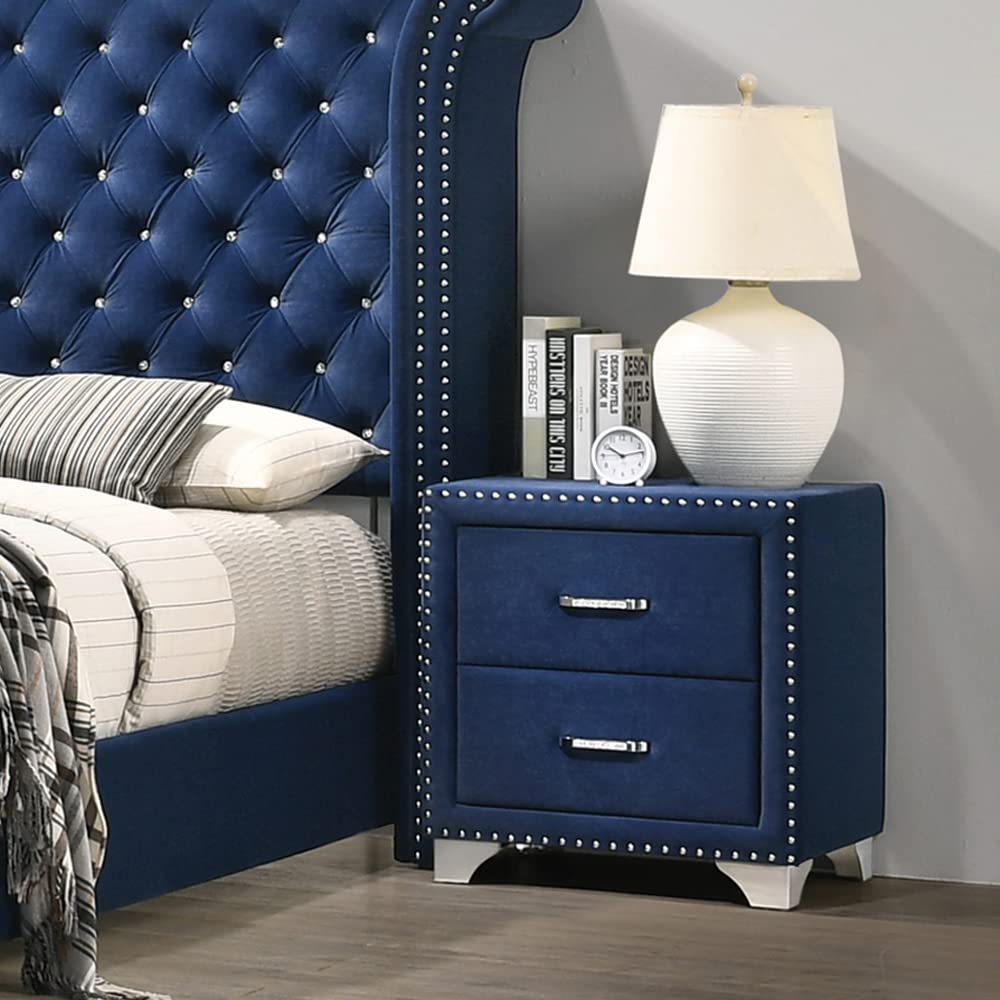 simple relax 2 Drawers Velvet Nightstand, Pacific Blue, Chrome