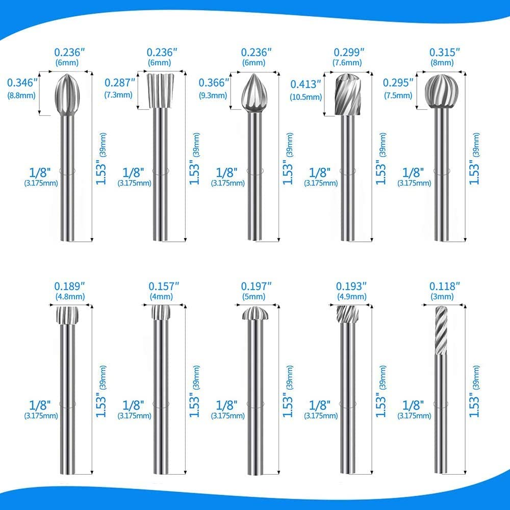 20Pcs HSS Different Burr Set Carving Bits Wood Engraving Router Bit w/ 1/8"(3mm) Shank, Rotary Tools Accessories for DIY Woodworking and Carving