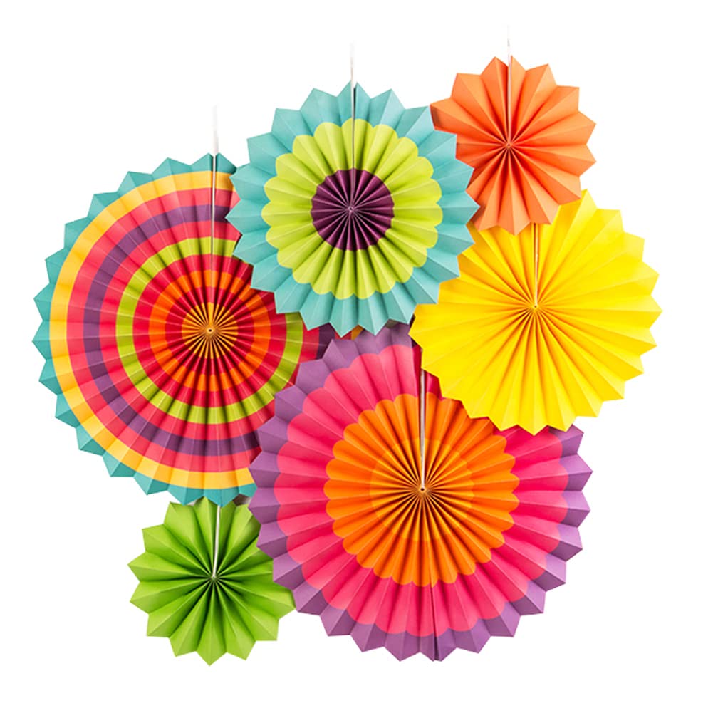 SUNBEAUTY Pack of 6 Hanging Paper Fans Party Carnival Circus Round Pattern Paper Garlands Decoration for Birthday Baby Shower Graduation Summer Party