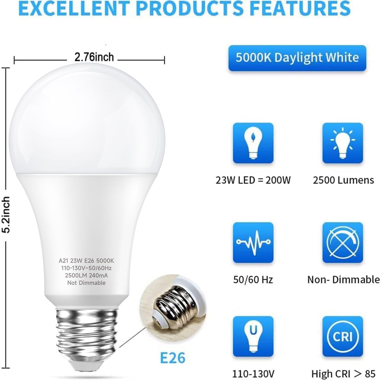 LEDERA 150 Watt LED Bulb, Energy Saving 23W Warm White Bulb 3000K, 2500 Lumens A21 LED Bulb 150W-200W, No-Flikcer E26 Medium Base for Home Office Mall Factory, Non-Dimmable, 4Pack