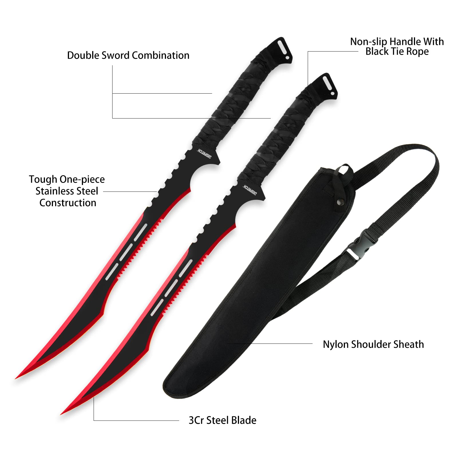 DISPATCH 2pc Ninja Tactical Twin Katana Samurai Sword Machete Fixed Blade Combat Set with Sheath for Hunting, Outdoor Camping, Survival