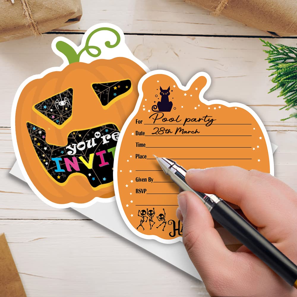 Haizct 15 Pack Halloween Pumpkin Shaped Fill-In Invitations,Fall,Halloween,Monster,Costume Partyor Thanksgiving Party Invitation Cards with Envelopes For Kids or Adults Birthday(YXK045)