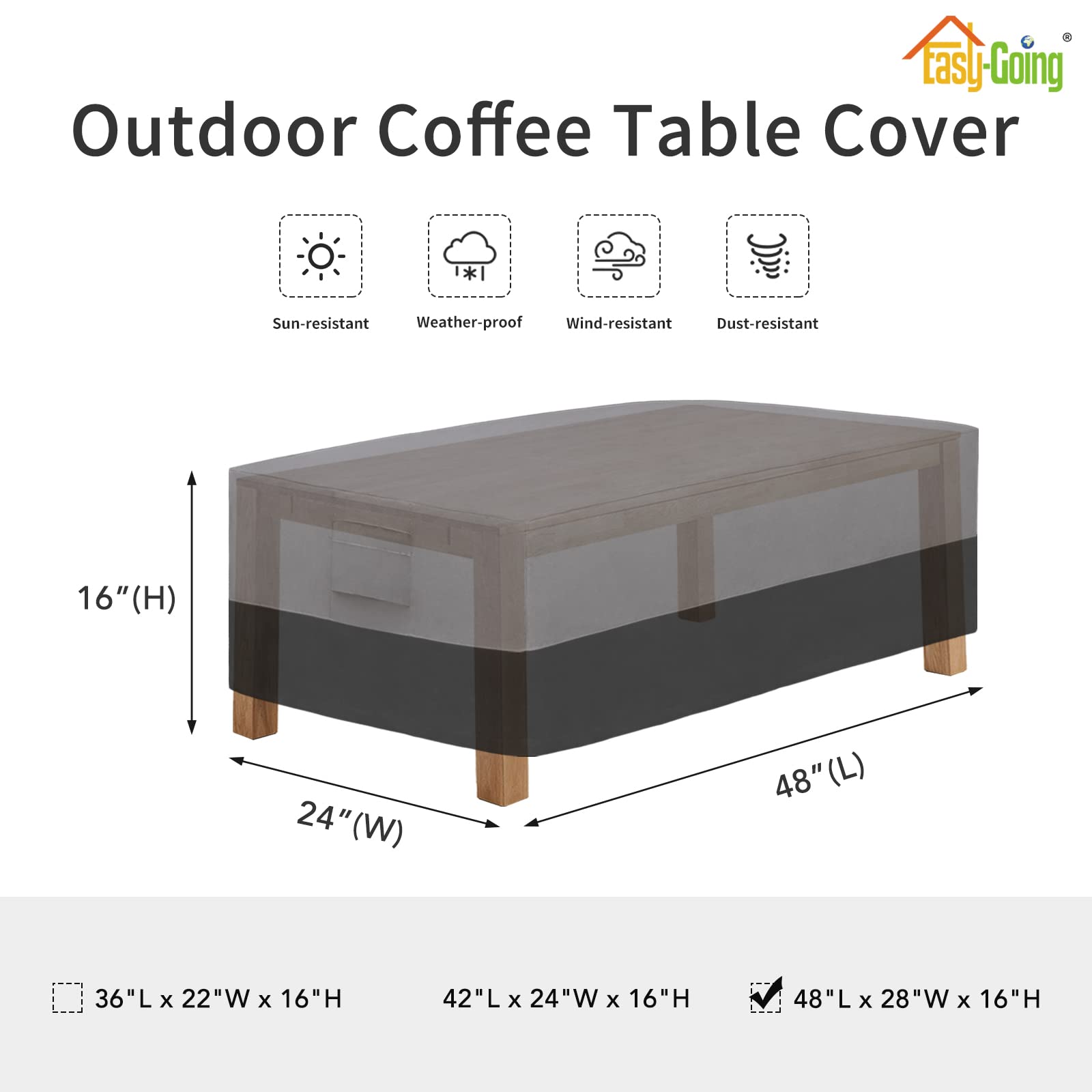 Easy-Going Patio Coffee Table Cover Small Outdoor Rectangular Table Cover, UV Resistant Waterproof Patio Furniture Cover (48"Lx28"Wx16"H, Gray/Black)