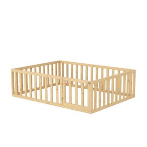 Bellemave Full Size Floor Bed for Kids, Montessori Bed Frame with Fence-Shaped Guardrails and Door, Wooden Floor Full Bed for Kids, Toddler, Boys Girls (Natural, Full Size)