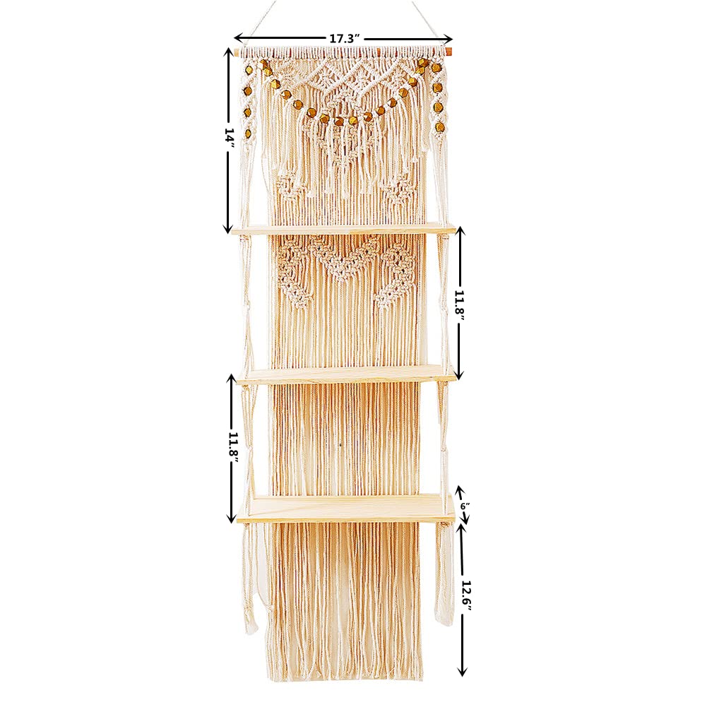 Macrame Wall Hanging Shelf with Enhanced Solid Wood Shelves and Handmade Macrame to Organize Plants and Decor — 3 Tier Macrame Shelf Wall Hanging Bohemian Decorative Shelves for Kitchen,Home Storage