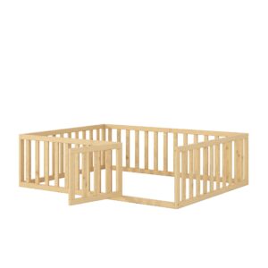 Bellemave Full Size Floor Bed for Kids, Montessori Bed Frame with Fence-Shaped Guardrails and Door, Wooden Floor Full Bed for Kids, Toddler, Boys Girls (Natural, Full Size)