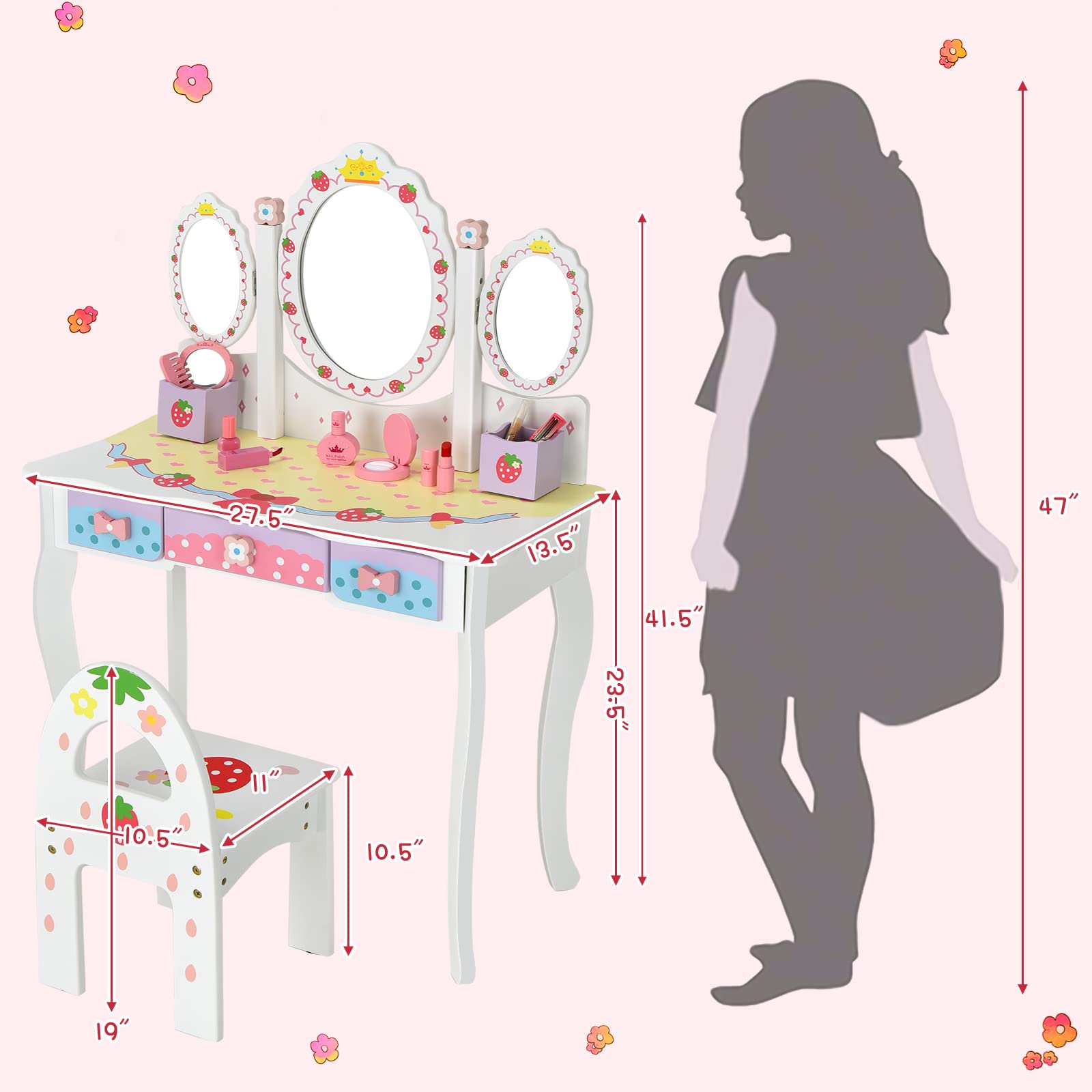 HONEY JOY Kids Vanity, Strawberry Princess Wooden Makeup Dressing Table & Chair Set w/Real Glass Tri-Fold Oval Mirror & Accessories, Detachable Top, Pretend Play Vanity Set for Little Girls(White)