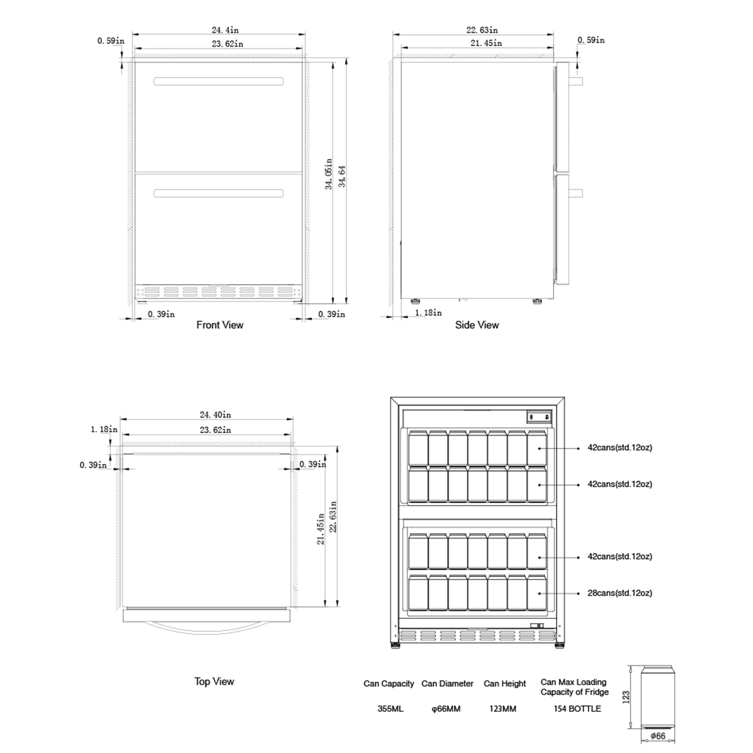 HCK 24 inch Dual Zone Refrigerator, Weather Proof Design Indoor and Outdoor Under Counter Drawer Built-in Beverage and Wine Fridge for Home and Commercial Use, Stainless Steel