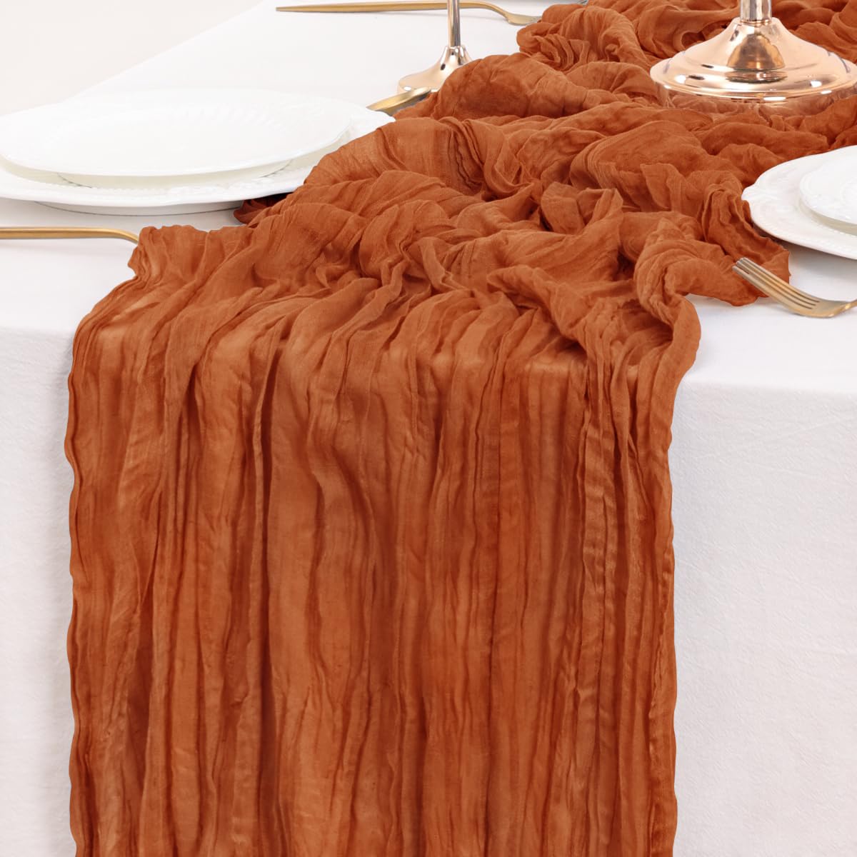 LINXTAR Fall Table Runner Thanksgiving Cheesecloth Table Runner Terracotta 10ft Rustic Table Runner 122x35 Inches Boho Decoration for Friendsgiving Wedding Baby Shower Birthday Party