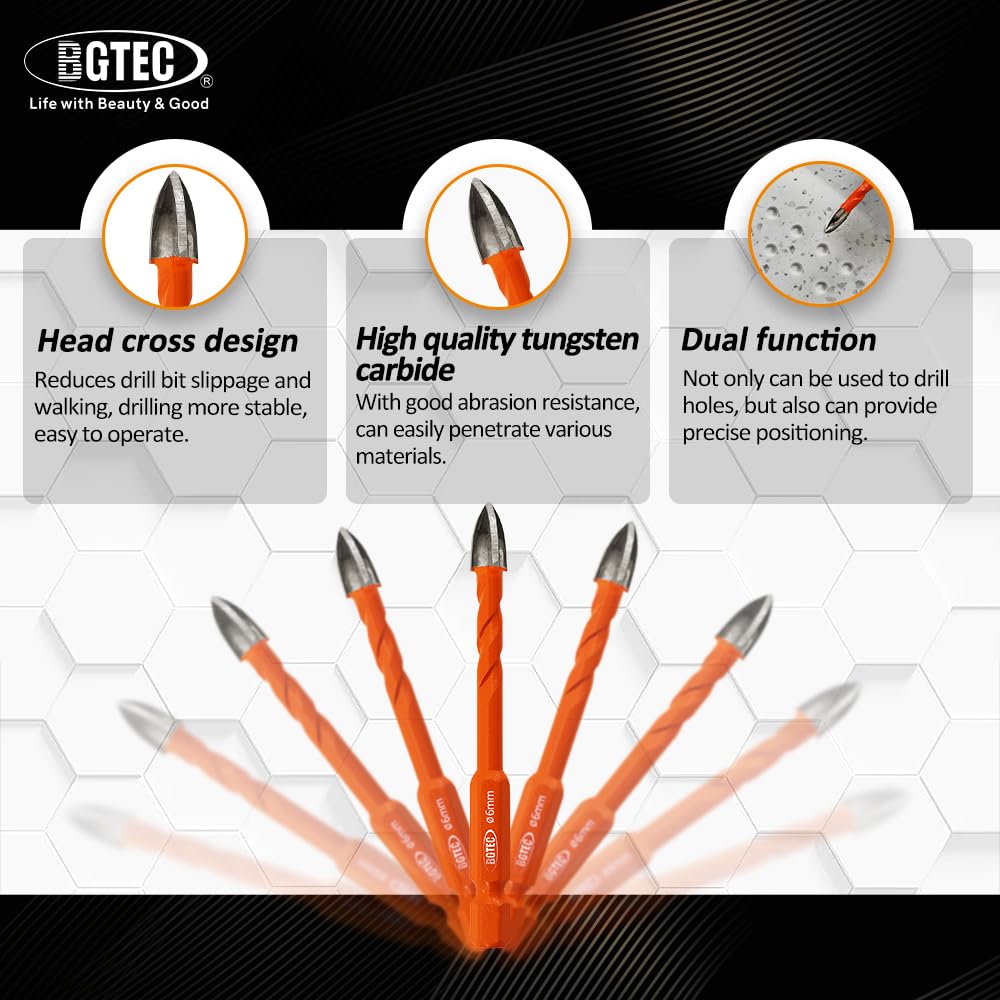 BGTEC Dry Diamond Drill Bits Set-4pcs 1/4" Tile Drill Bit with Quick Change Hex Shank and 1pc 1/4" Carbide Drill for Granite Marble Porcelain Ceramic