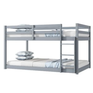 Low Bunk Beds Twin Over Twin Floor Bunk Bed Frame Junior Loft Bed for Kids Boys Girls Teens Wood Twin Bunk Bed with Safety Fences Wood Twin Bunk Bed with Safety Fences, Gray