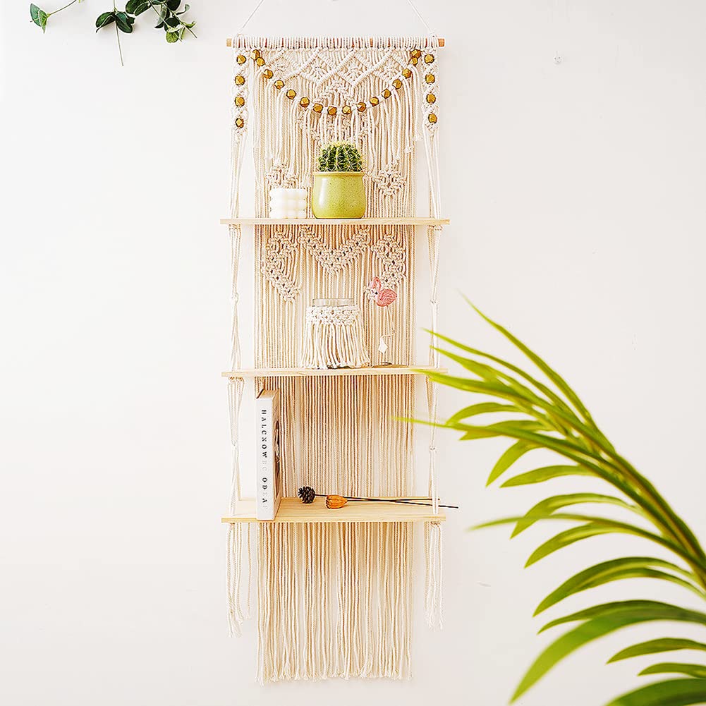 Macrame Wall Hanging Shelf with Enhanced Solid Wood Shelves and Handmade Macrame to Organize Plants and Decor — 3 Tier Macrame Shelf Wall Hanging Bohemian Decorative Shelves for Kitchen,Home Storage