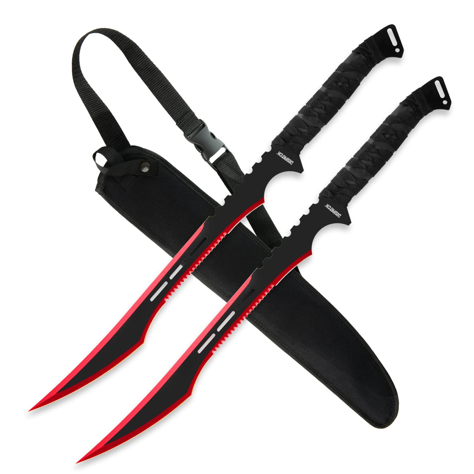 DISPATCH 2pc Ninja Tactical Twin Katana Samurai Sword Machete Fixed Blade Combat Set with Sheath for Hunting, Outdoor Camping, Survival