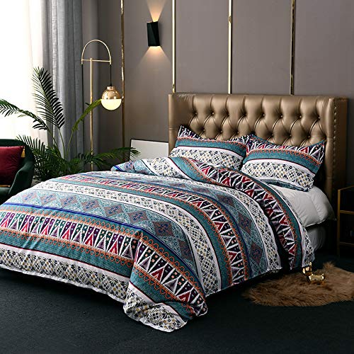 Ganfance 3Pcs Indian Style Geometry Duvet Cover Full Set, Hotel Quality Soft Bed Linen Farmhouse Comforter Cover with Zipper Closure,Blue Bedding Set Quilt Cover 78 X 90 inches & 2 Pillow Shams