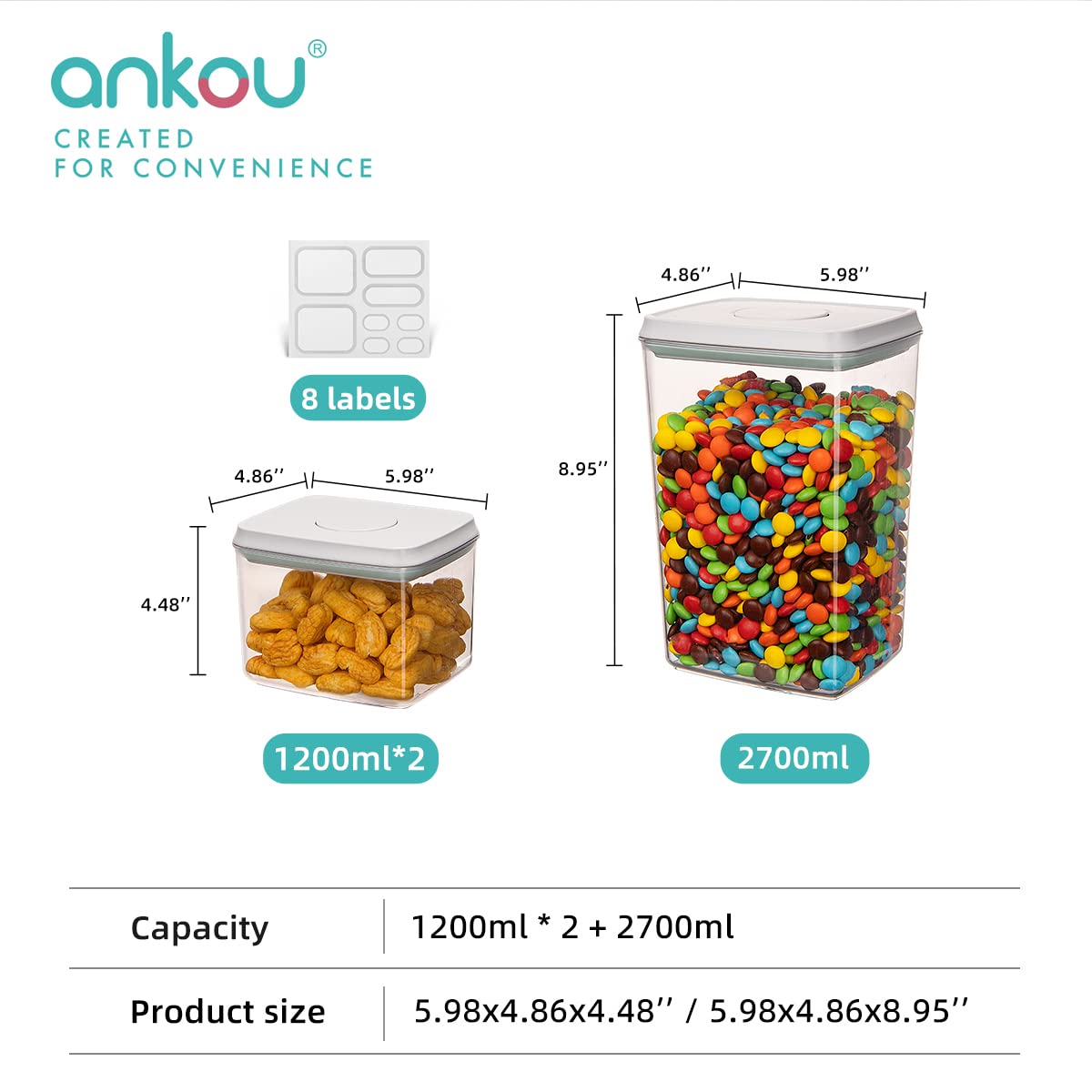 Ankou Pop Airtight Food Storage Containers, Stackable Organizing with Lids for Kitchen Pantry Cereal Snack Sugar Coffee - 3 Pcs (1.2 * 2 qt, 2.7 qt)