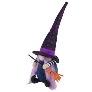 Northlight 14" Black and Purple Witch Gnome with Broom Indoor Halloween Figure