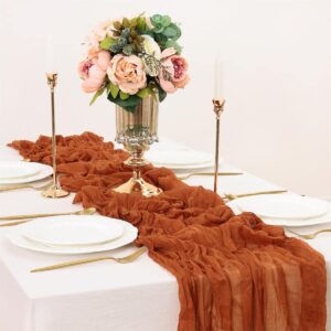 LINXTAR Fall Table Runner Thanksgiving Cheesecloth Table Runner Terracotta 10ft Rustic Table Runner 122x35 Inches Boho Decoration for Friendsgiving Wedding Baby Shower Birthday Party