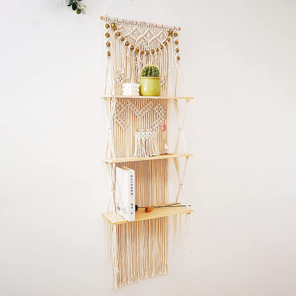 Macrame Wall Hanging Shelf with Enhanced Solid Wood Shelves and Handmade Macrame to Organize Plants and Decor — 3 Tier Macrame Shelf Wall Hanging Bohemian Decorative Shelves for Kitchen,Home Storage