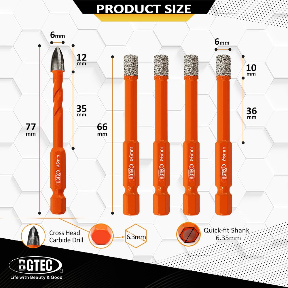 BGTEC Dry Diamond Drill Bits Set-4pcs 1/4" Tile Drill Bit with Quick Change Hex Shank and 1pc 1/4" Carbide Drill for Granite Marble Porcelain Ceramic