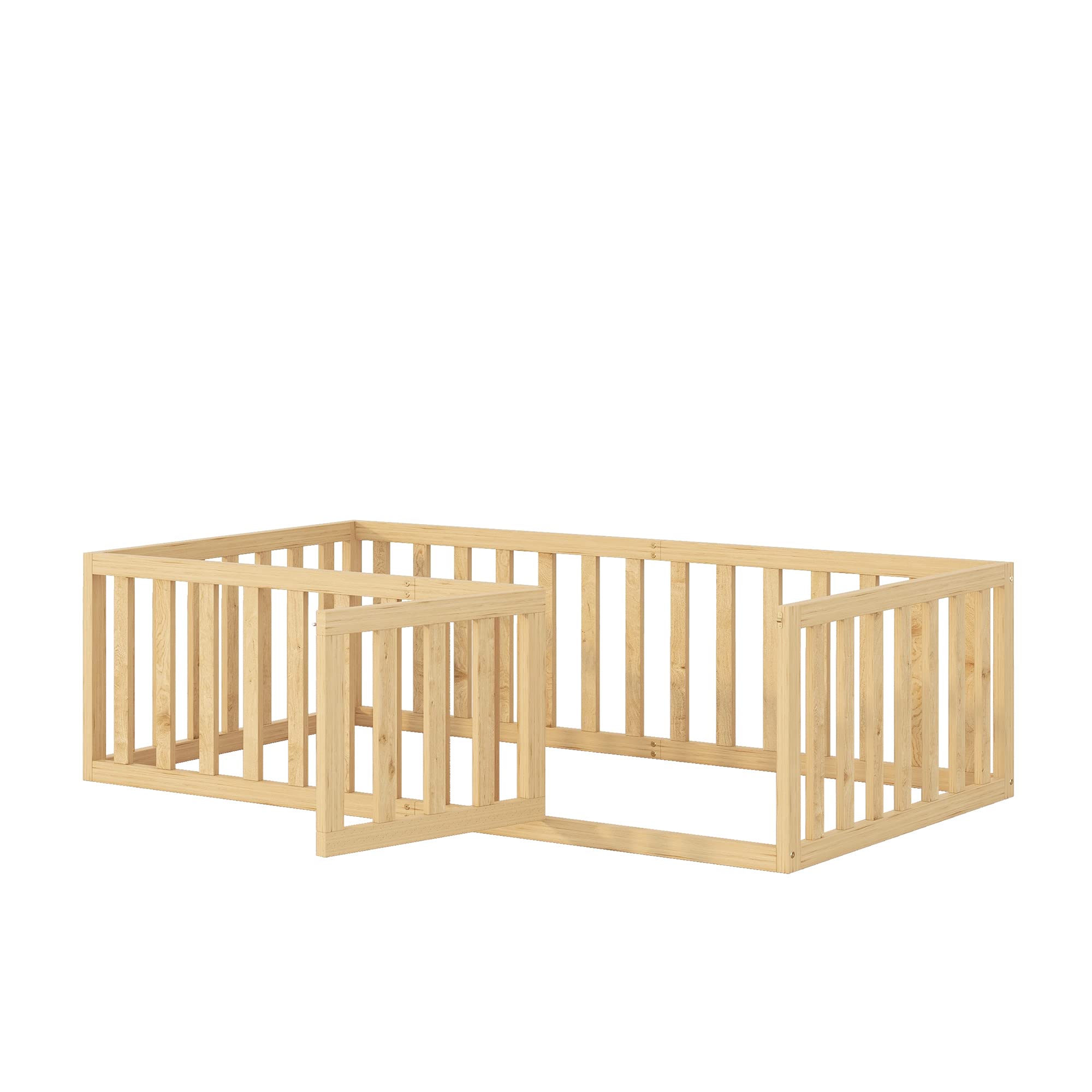 Harper & Bright Designs Twin Floor Bed for Kids, Montessori Bed Frame with Guardrails and Door, Wooden Floor Twin Bed for Kids, Boys Girls(Twin Size, Natural)