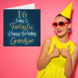 Stuff4 Fantastic 16th Birthday Cards for Grandson - 16 Today & Fantastic - Happy Birthday Card for Grandson from Grandma Grandpa Grandparents, 5.7 x 5.7 Inch Birthday Greeting Cards Gift