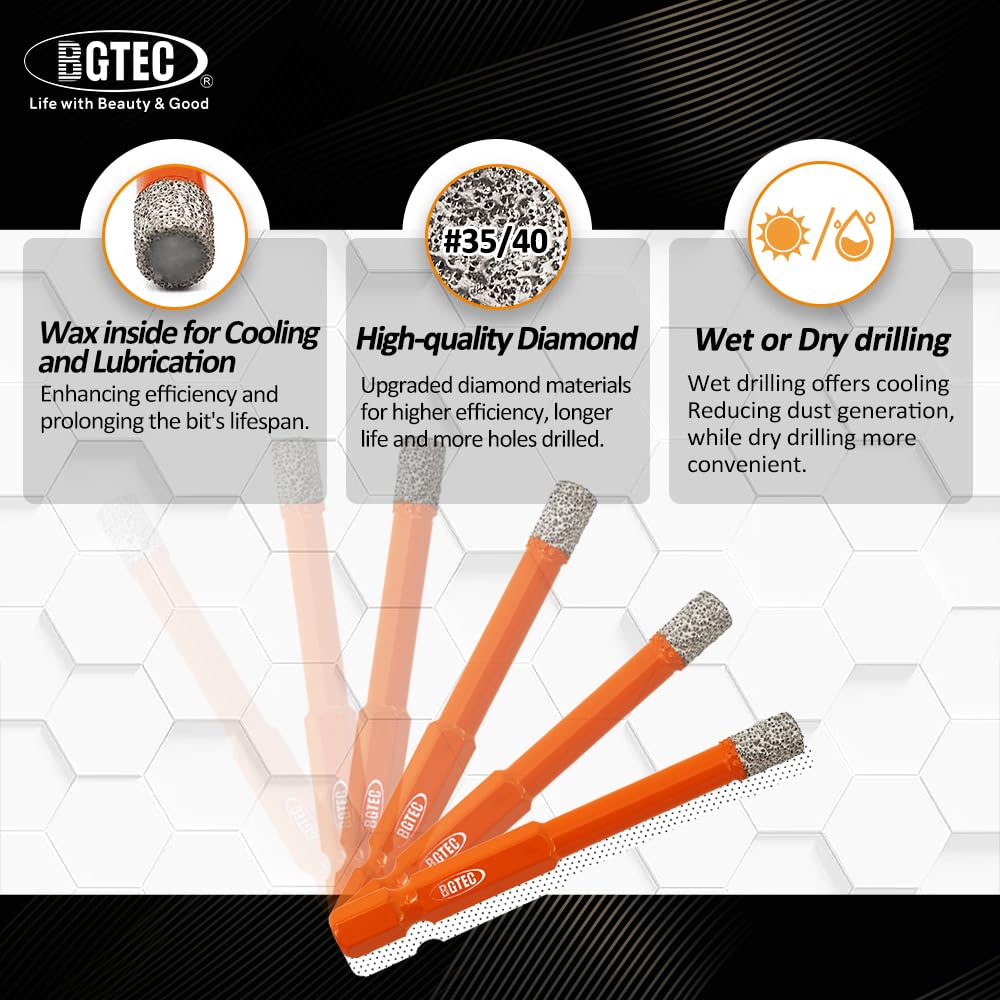 BGTEC Dry Diamond Drill Bits Set-4pcs 1/4" Tile Drill Bit with Quick Change Hex Shank and 1pc 1/4" Carbide Drill for Granite Marble Porcelain Ceramic