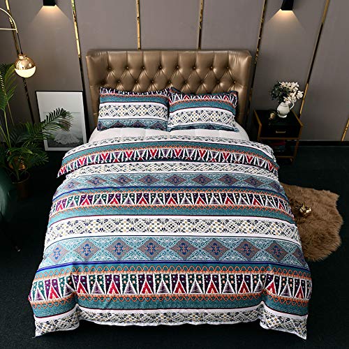 Ganfance 3Pcs Indian Style Geometry Duvet Cover Full Set, Hotel Quality Soft Bed Linen Farmhouse Comforter Cover with Zipper Closure,Blue Bedding Set Quilt Cover 78 X 90 inches & 2 Pillow Shams