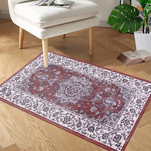 CAROMIO Entryway Small Area Rug Waterproof Non-Shedding Medallion Area Rug Low-Pile Distressed Carpet Machine Washable Rug for Hallway Dining Room, 2' x 3' Red