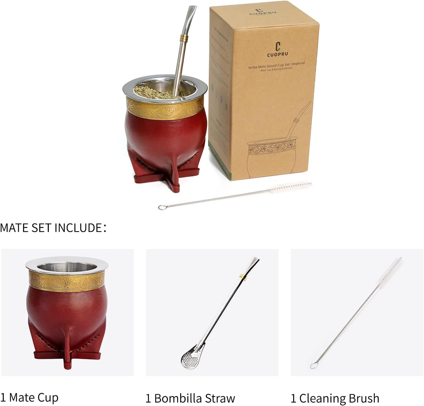 304 Stainless Steel Argentina Yerba Mate Cup With Straw Tea Gourd Mug One Bombilla Mate (Straw) a Cleaning Brush (Black)