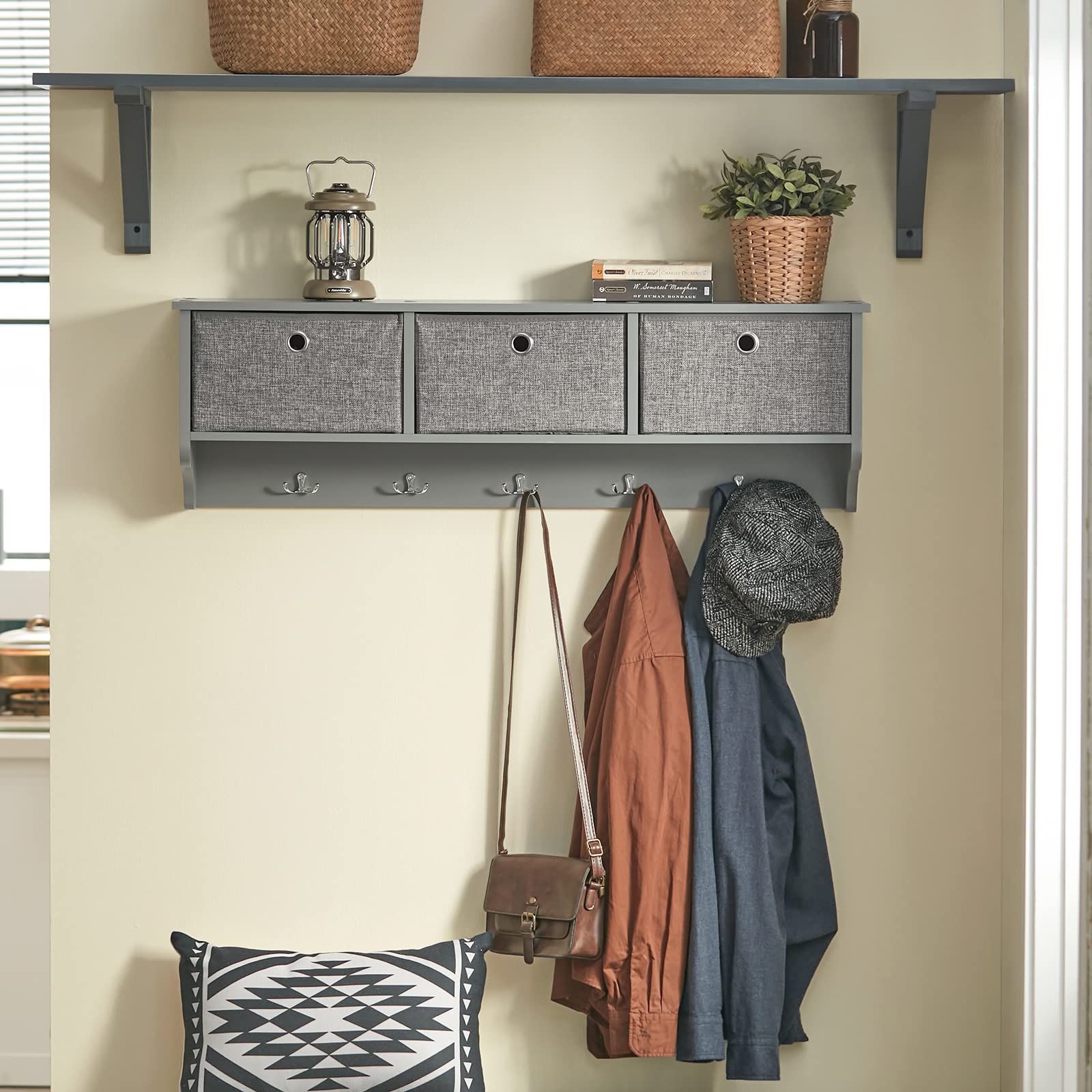 Haotian Wall Shelf with Hooks, Coat Rack Wall Mount with Shelf Entrywall Storage Cabinet Unit with 3 Baskets 5 Hooks, Grey, FRG282-HG