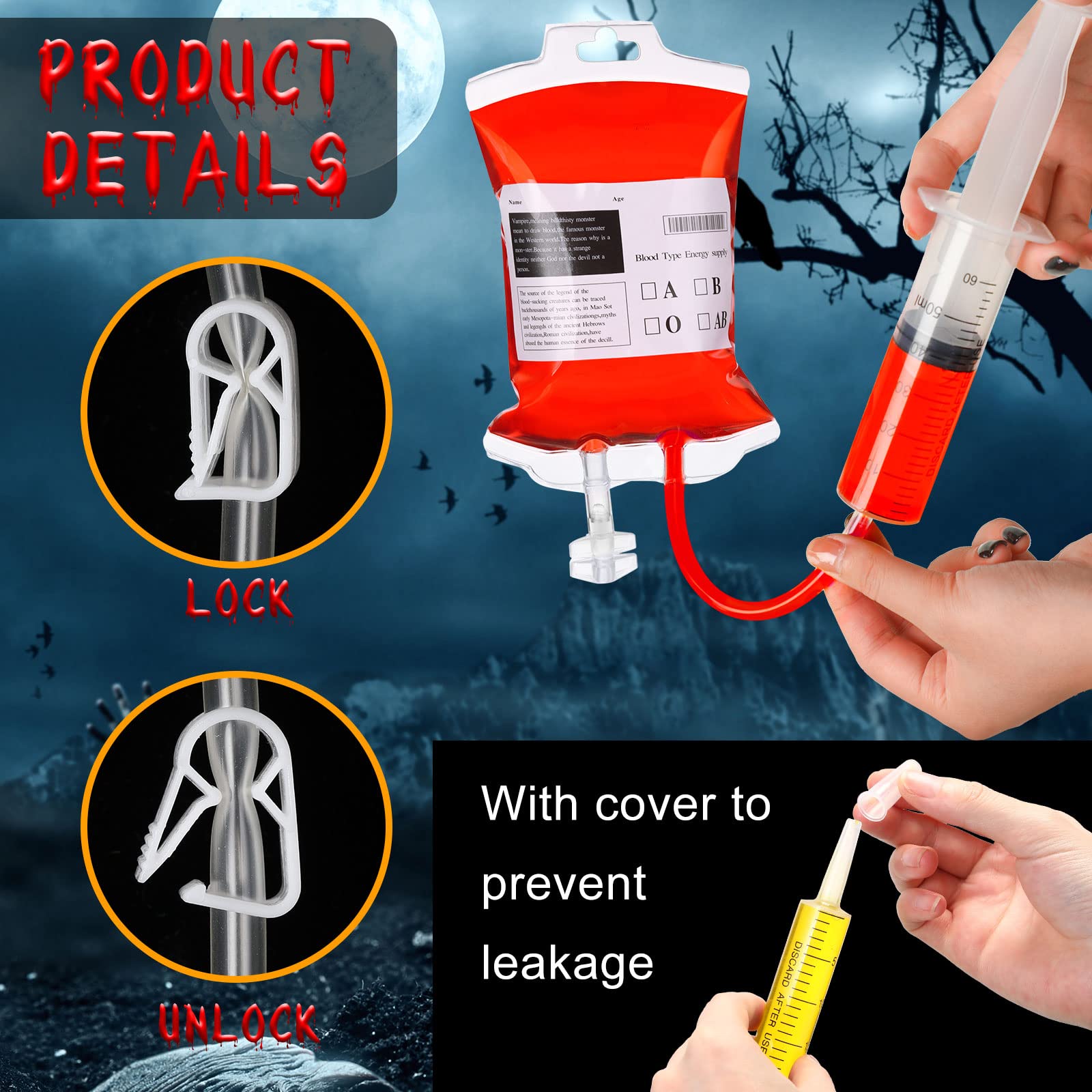 Jerify 36 Pcs Blood Bag Set 20 Pcs IV Bags Pouches 15 Pack Jelly Syringes and Injection Syringe for Halloween Gag Gift Graduation Zombie Vampire, Reusable Party Cups Container