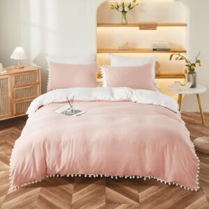 Bedbay Pink and White Duvet Cover Girls Bedding Twin Preppy Bedding Boys Kids Cute Pom Pom Bedding Set Aesthetic Room Decor Ultra Soft Microfiber Boho Bedding Set(White&Pink,Twin)