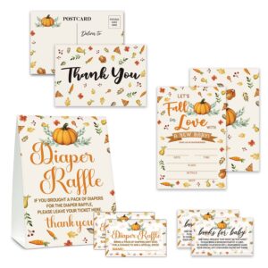 fall baby shower invitations set, thanksgiving baby shower games, pumpkin diaper raffle sign & 25 diaper raffle tickets, 25 book request cards, 25 baby shower invitations, 25 thank you cards (fall02)