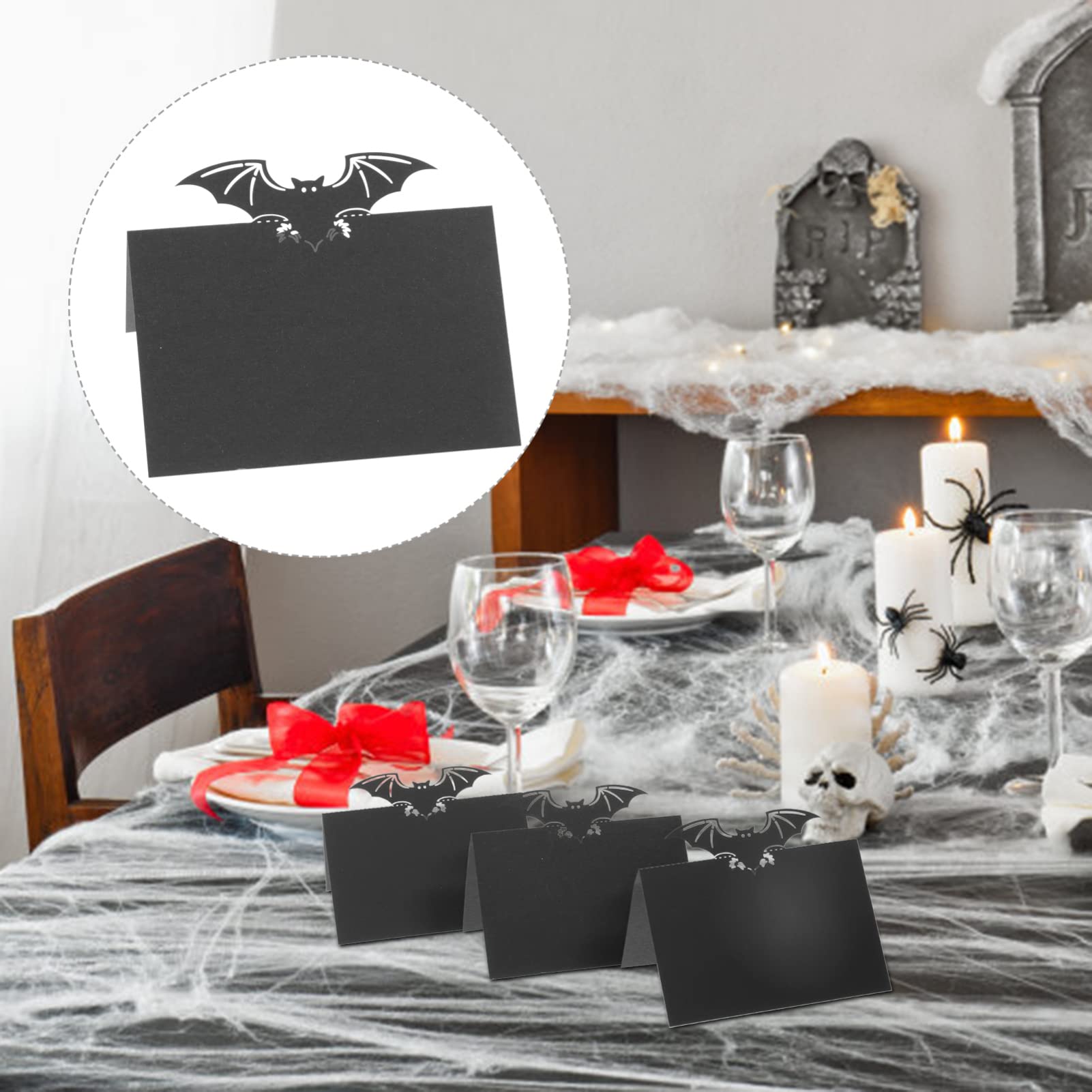 Gadpiparty 50pcs Halloween Bat Places Cards Black Blank Place Cards Table Tent Cards Seating Place Cards for Halloween Party Wedding Anniversary Table Decor