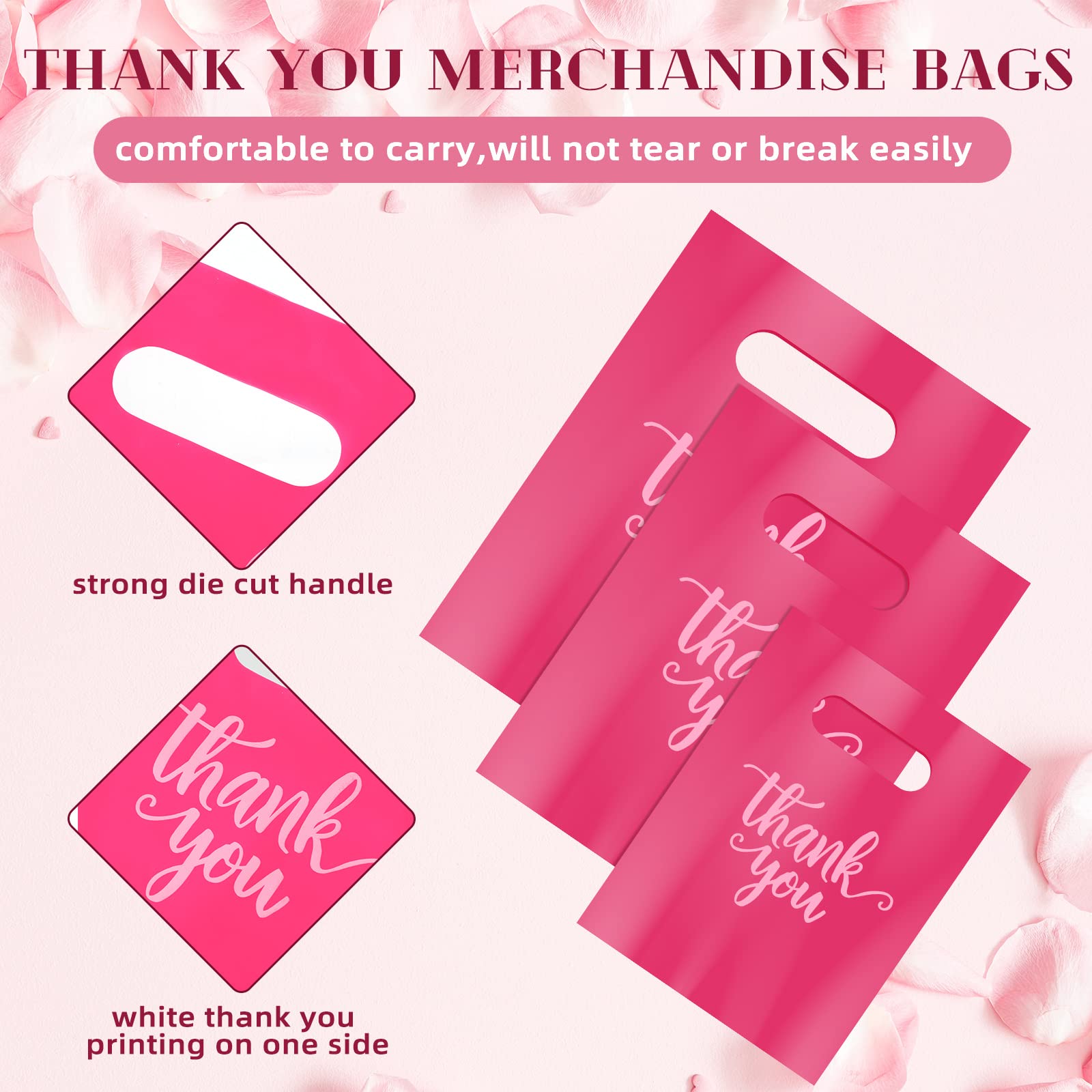 Eersida 200 Pcs Thank You Merchandise Bag Die Cut Shopping Bags with Handles 3 Sizes Plastic Gift Bags Retail Bags for Goodie Small Business Trade Bags Store Boutique Clothes (Pink)