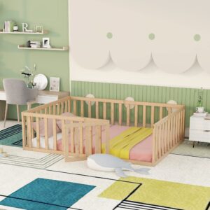 bellemave full size floor bed for kids, montessori bed frame with fence-shaped guardrails and door, wooden floor full bed for kids, toddler, boys girls (natural, full size)