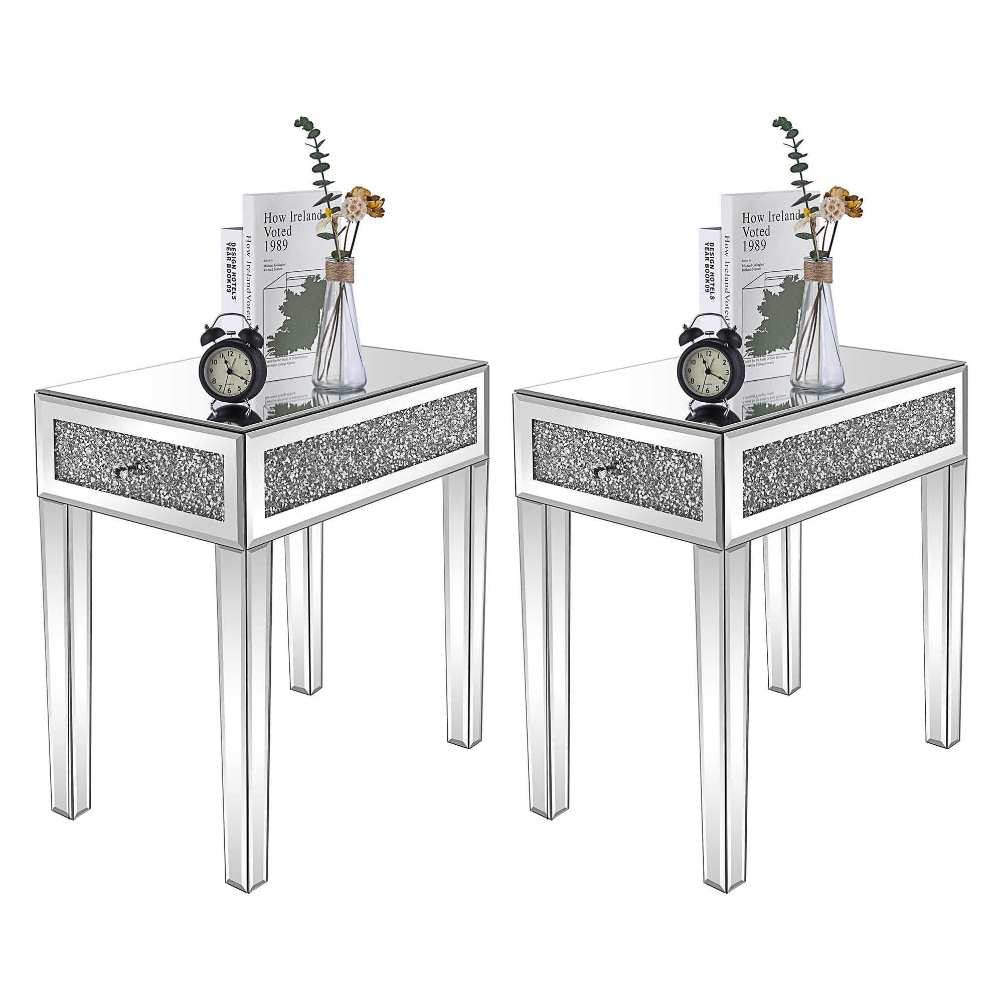 VINGLI Mirrored Nightstand Set of 2 Narrow Side Table with Drawer Glass Accent Table,Silver