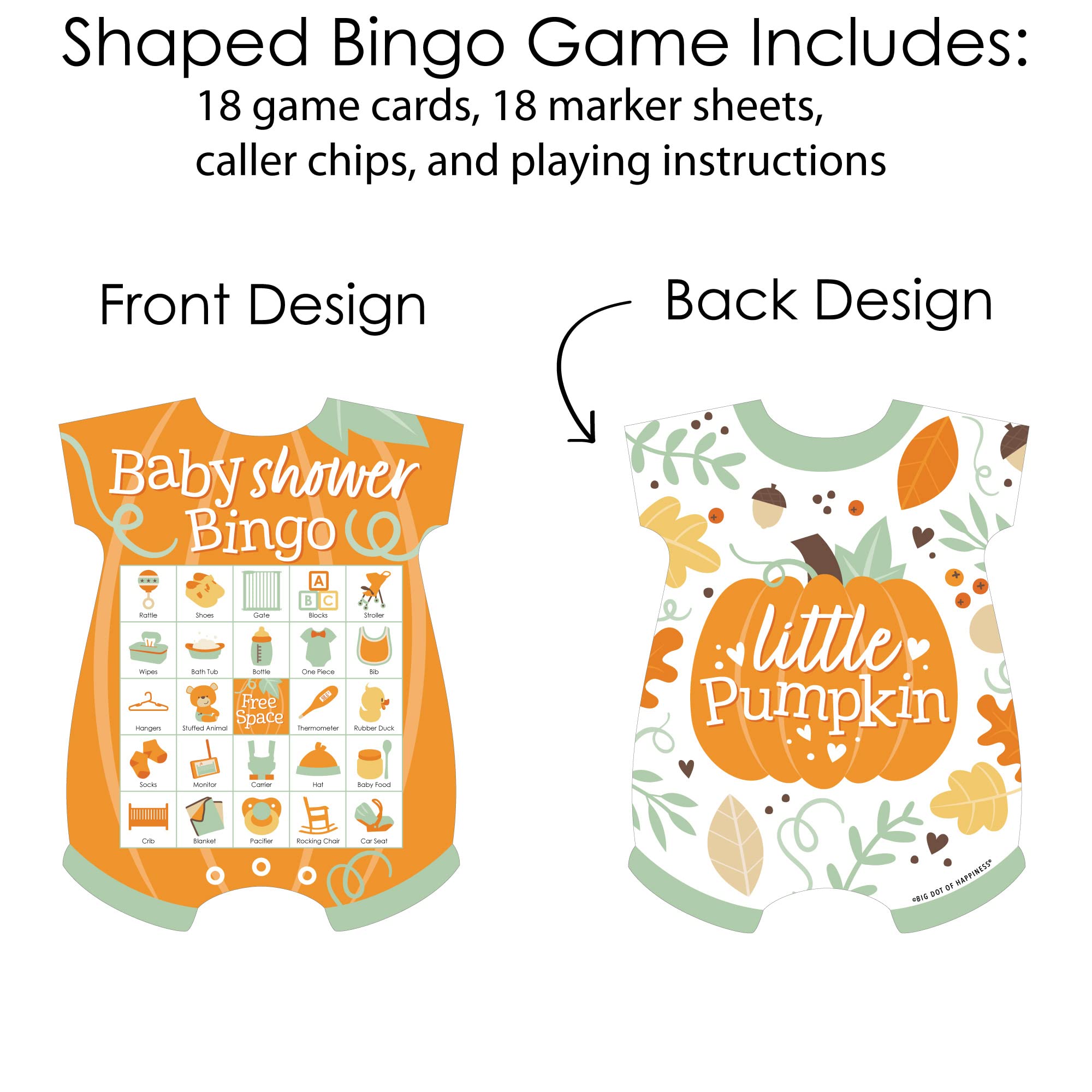 Big Dot of Happiness Little Pumpkin Baby Shower Decorations, Fall Baby Shower Games, Picture Bingo Cards and Markers, Fall Baby Shower Shaped Bingo Game - Set of 18