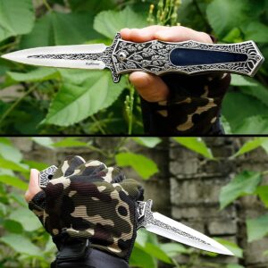 AuRiver Pocket Knife, Stainless Steel Knife with Retro Emboss Patterns and Pocket Clip on Handles for Camping, Fishing or Favorites Gifts