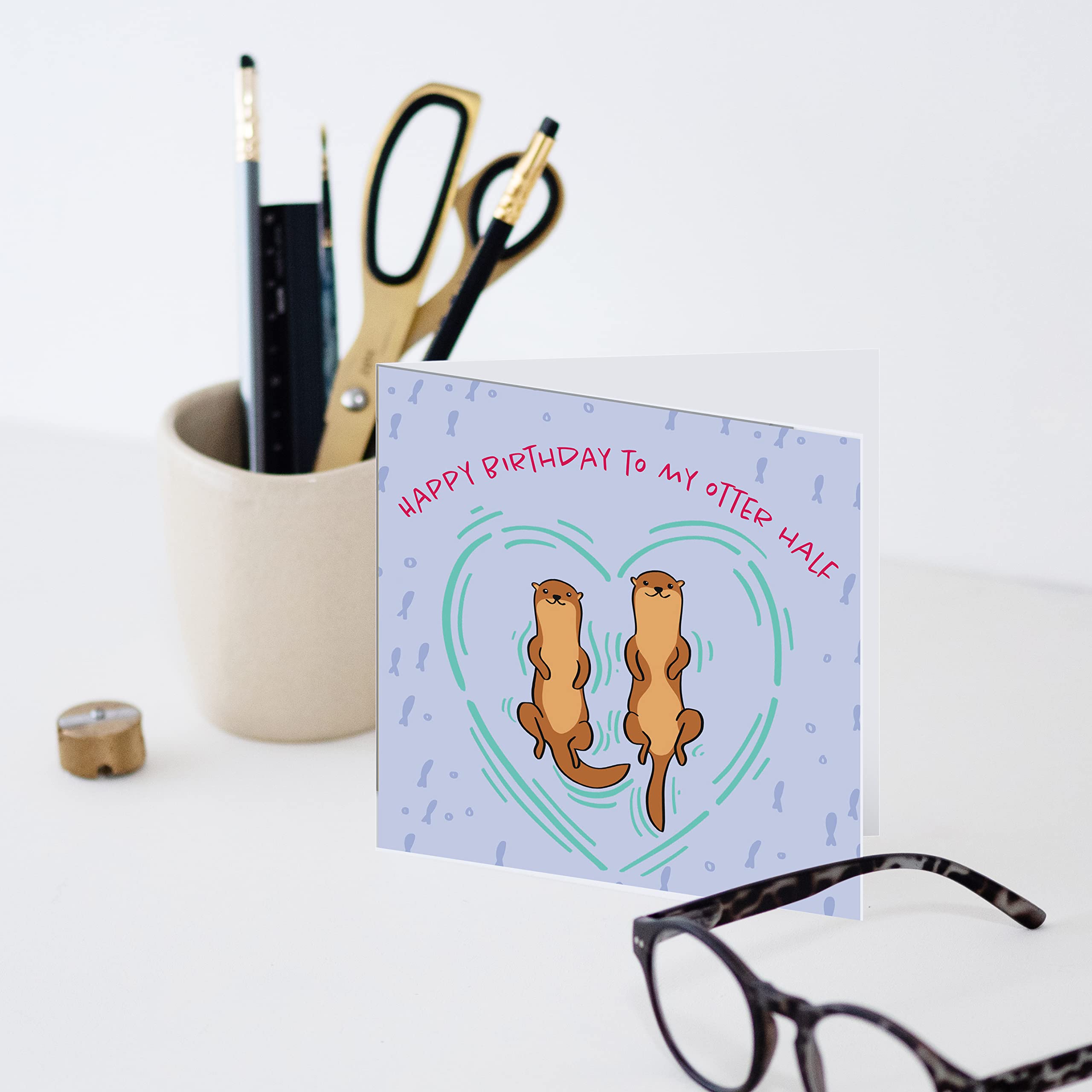 Old English Co. Happy Birthday To My Otter Half Card - Square Cute Animal Otter Card | Suitable for Men & Women | Blank Inside & Envelope Included