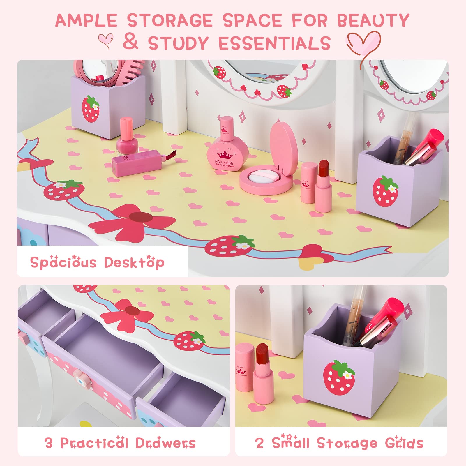 HONEY JOY Kids Vanity, Strawberry Princess Wooden Makeup Dressing Table & Chair Set w/Real Glass Tri-Fold Oval Mirror & Accessories, Detachable Top, Pretend Play Vanity Set for Little Girls(White)