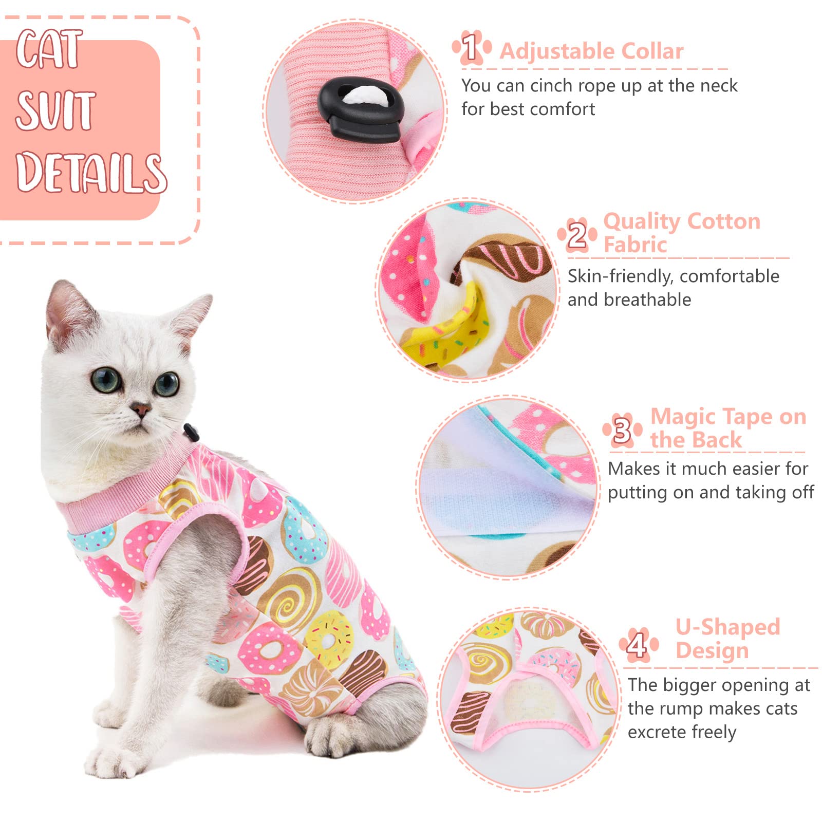 HACRAHO Cat Recovery Suit, 1 Pack Donut Pattern Cotton Cat Wound Surgery Recovery Suit Soft After Recovery Surgery for Small Cats and Dogs, M