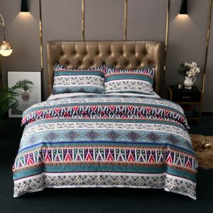 Ganfance 3Pcs Indian Style Geometry Duvet Cover Full Set, Hotel Quality Soft Bed Linen Farmhouse Comforter Cover with Zipper Closure,Blue Bedding Set Quilt Cover 78 X 90 inches & 2 Pillow Shams