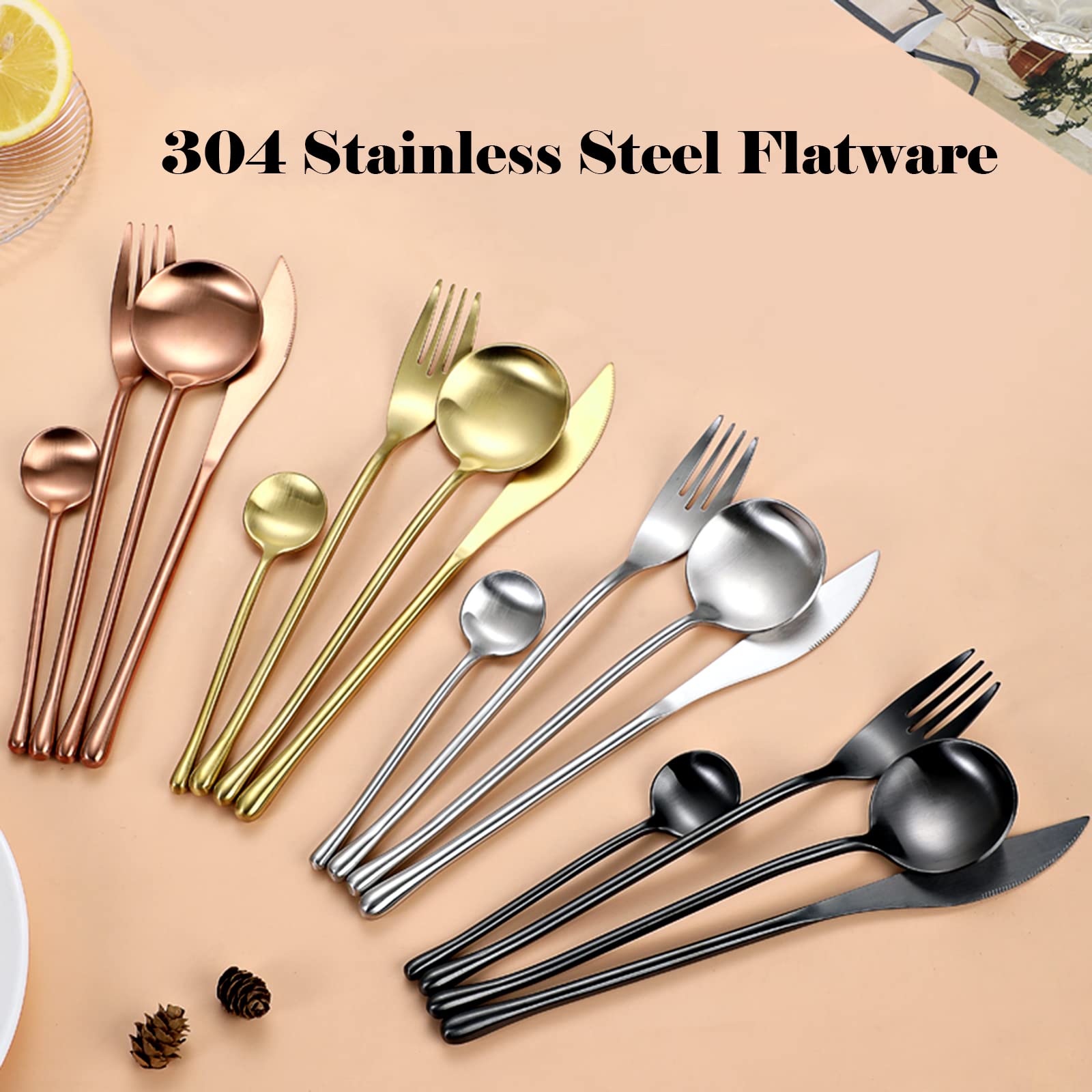 JASHII 304 Flatware Set Matte Black Silverware Set Satin Finished 18/8 Stainless Steel Cutlery Set with Round Handle 24 Piece Wedding Housewarming Gift Service for 6