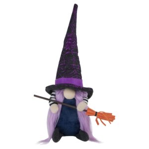 Northlight 14" Black and Purple Witch Gnome with Broom Indoor Halloween Figure