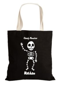 personalization universe glow-in-the-dark skeleton halloween treat bag, customizable kids' tote bag for trick or treating, reusable cotton shoulder bag