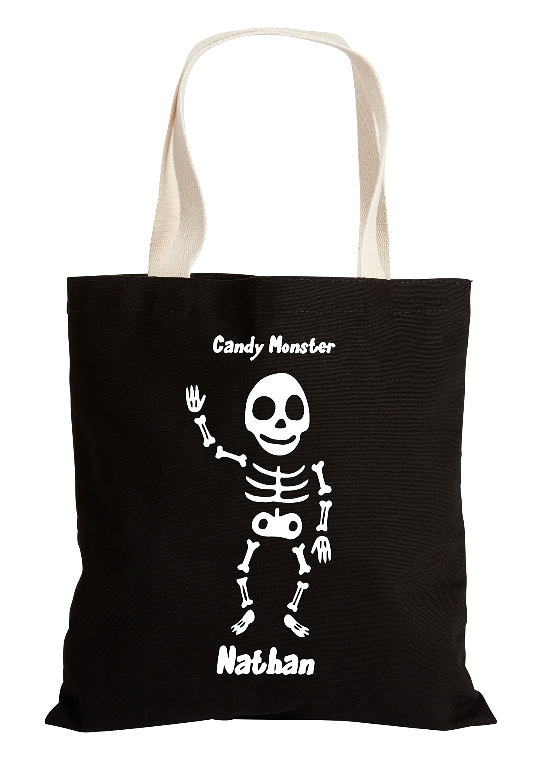 Personalization Universe Glow-In-The-Dark Skeleton Halloween Treat Bag, Customizable Kids' Tote Bag for Trick or Treating, Reusable Cotton Shoulder Bag