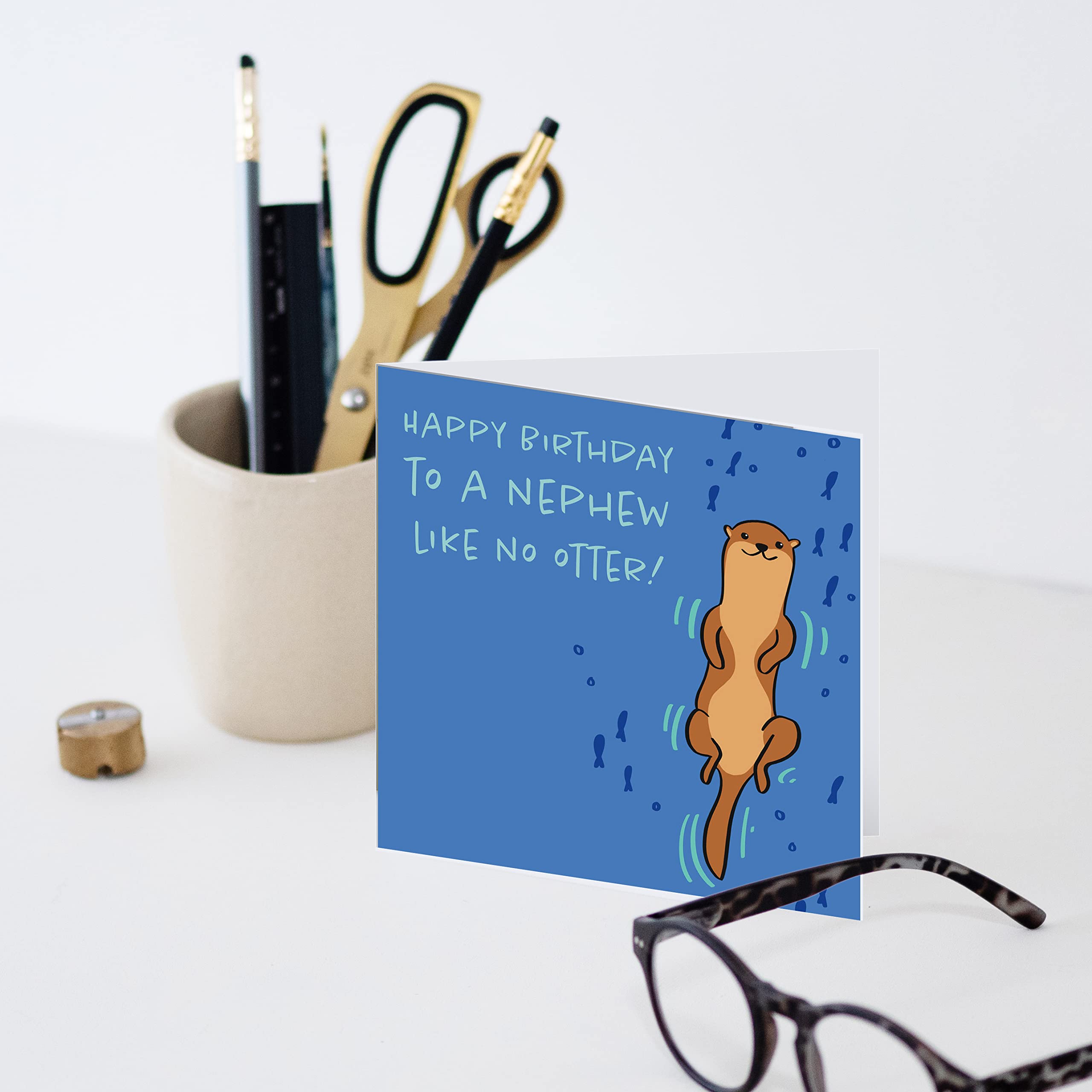 Old English Co. Happy Birthday To A Nephew Like No Otter! Card - Square Cute Animal Otter Card | Suitable for Men & Women | Blank Inside & Envelope Included